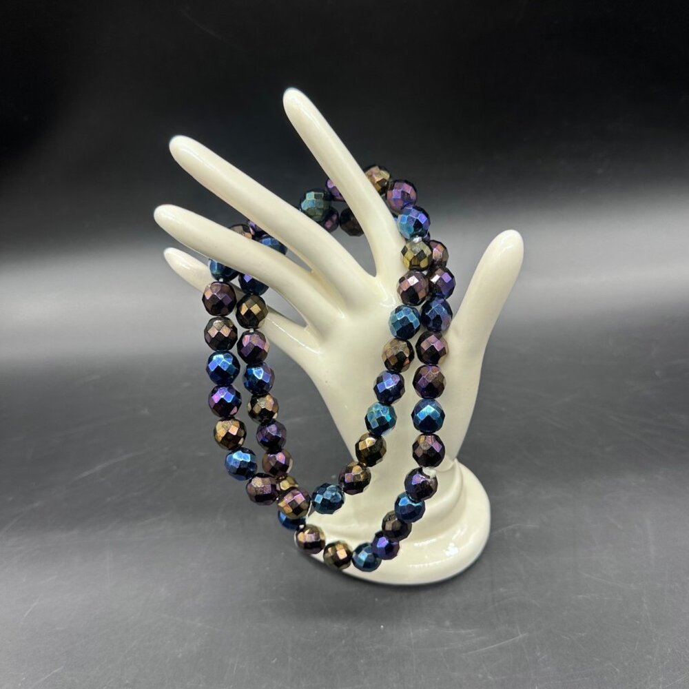 Vintage Glass Bead Necklace Faceted Iridescent Black Aurora Borealis Rainbow